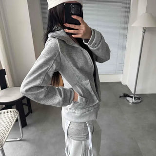Loose-fit Plain Button Zipper Full-zip Long-sleeve Zip-up