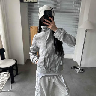 Loose-fit Plain Button Zipper Full-zip Long-sleeve Zip-up