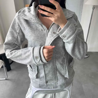 Loose-fit Plain Button Zipper Full-zip Long-sleeve Zip-up