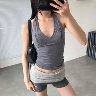 Slim Fit Dot Shirred Halter Sleeveless