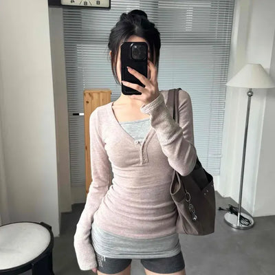 Slim Fit Plain Button Henley Neck Long Sleeve T-shirt