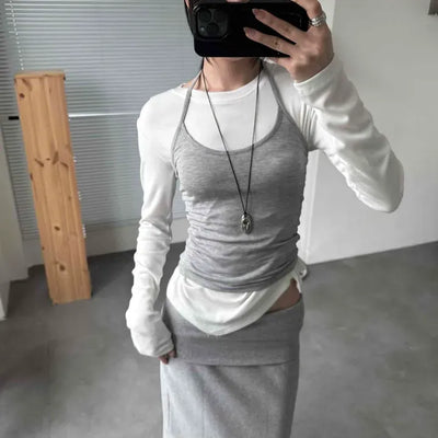 Slim Fit Plain Ribbon Strap Layered Sleeveless