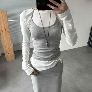 Slim Fit Plain Ribbon Strap Layered Sleeveless