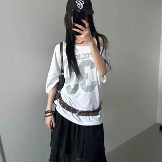 Oversized Lettering Numbering Color Block Daily Short Sleeve T-shirt