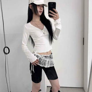 Slim Fit Plain Shirred Crossbody Long Sleeve T-shirt