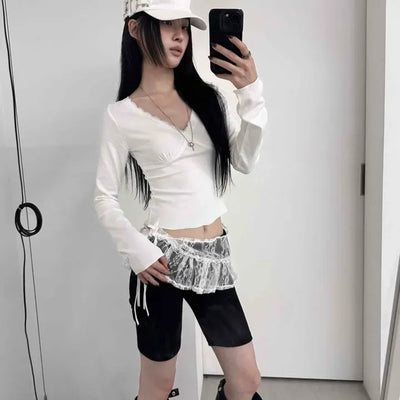 Slim Fit Plain Shirred Crossbody Long Sleeve T-shirt