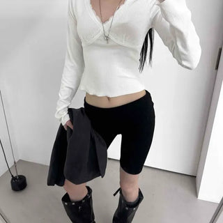 Slim Fit Plain Shirred Crossbody Long Sleeve T-shirt
