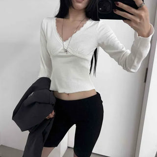 Slim Fit Plain Shirred Crossbody Long Sleeve T-shirt