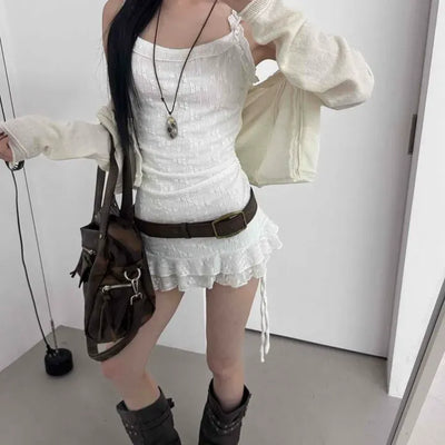 Frill Shirred String Strap Sleeveless Mini Dress