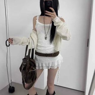 Frill Shirred String Strap Sleeveless Mini Dress