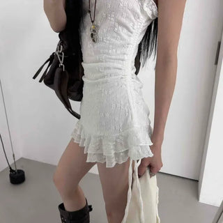 Frill Shirred String Strap Sleeveless Mini Dress