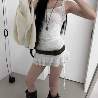 Frill Shirred String Strap Sleeveless Mini Dress
