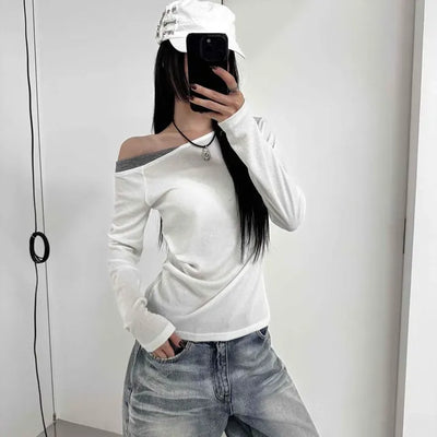 Slim Fit Plain Shirred Daily Long Sleeve T-shirt