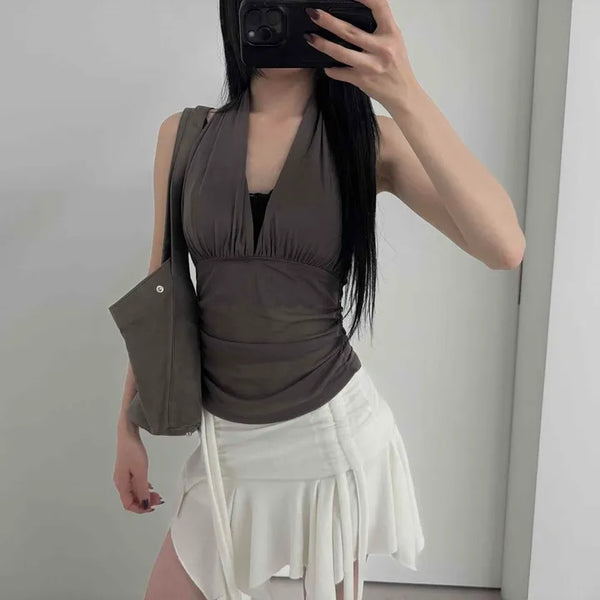 Fitted Plain Shirred Drape Backless Wrap Sleeveless