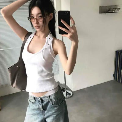 Slim Fit Plain Snap Strap Halter Neck Sleeveless