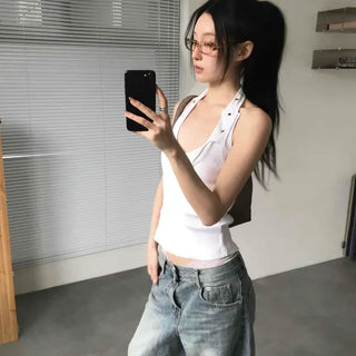 Slim Fit Plain Snap Strap Halter Neck Sleeveless