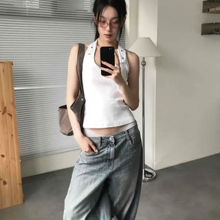 Slim Fit Plain Snap Strap Halter Neck Sleeveless