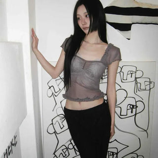 See-through frill cap-sleeve short t-shirt
