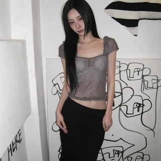 See-through frill cap-sleeve short t-shirt