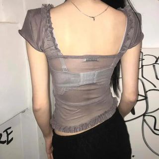 See-through frill cap-sleeve short t-shirt
