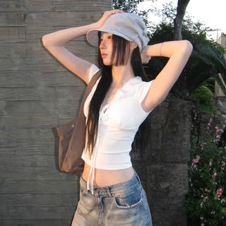 Slim Fit Plain Ribbon Daily Short Sleeve T-shirt