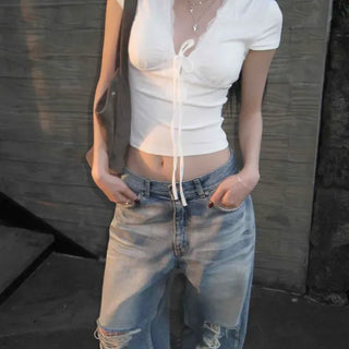 Slim Fit Plain Ribbon Daily Short Sleeve T-shirt