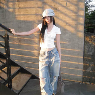 Slim Fit Plain Ribbon Daily Short Sleeve T-shirt