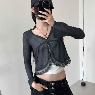 Slim Fit Plain Button Contrast See-through Long Sleeve Cardigan