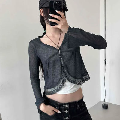Slim Fit Plain Button Contrast See-through Long Sleeve Cardigan