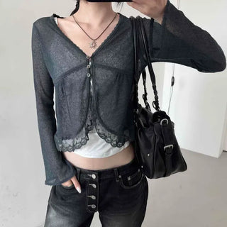 Slim Fit Plain Button Contrast See-through Long Sleeve Cardigan