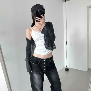 Slim Fit Plain Button Contrast See-through Long Sleeve Cardigan
