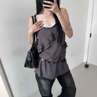 Loose Fit Plain Frill Strap A-Line Sleeveless
