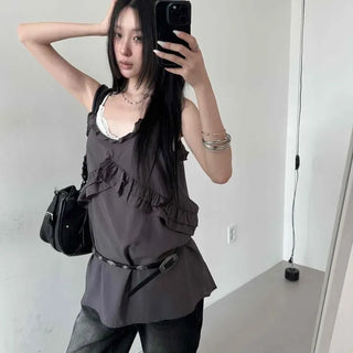 Loose Fit Plain Frill Strap A-Line Sleeveless