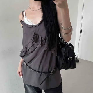 Loose Fit Plain Frill Strap A-Line Sleeveless