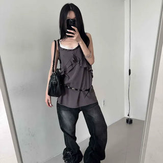 Loose Fit Plain Frill Strap A-Line Sleeveless