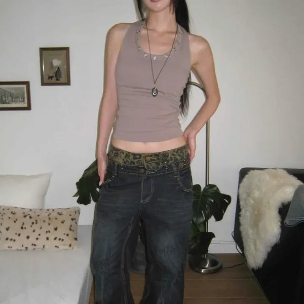 Loose Fit Leopard Washed Eyelet Wide Long Pants