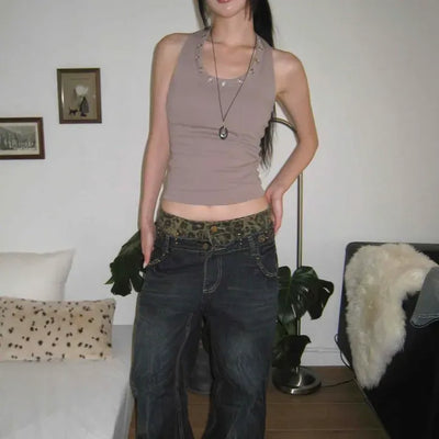 Loose Fit Leopard Washed Eyelet Wide Long Pants