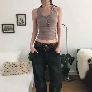 Loose Fit Leopard Washed Eyelet Wide Long Pants