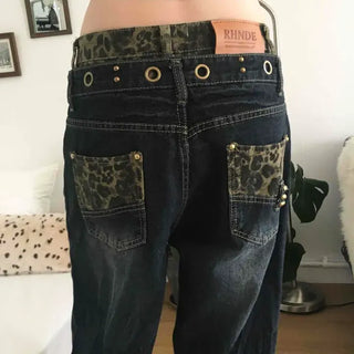 Loose Fit Leopard Washed Eyelet Wide Long Pants