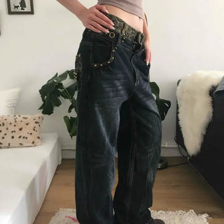 Loose Fit Leopard Washed Eyelet Wide Long Pants