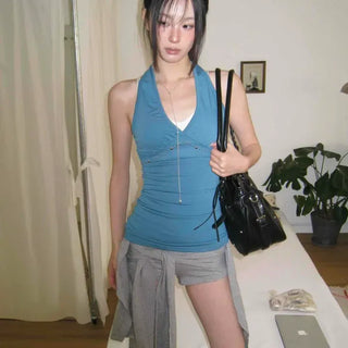 Slim Fit Plain Shirred Studded Strap Sleeveless