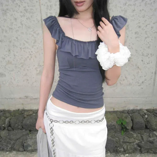 Slim Fit Plain Frill Shirred Strap Sleeveless