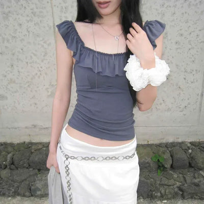 Slim Fit Plain Frill Shirred Strap Sleeveless