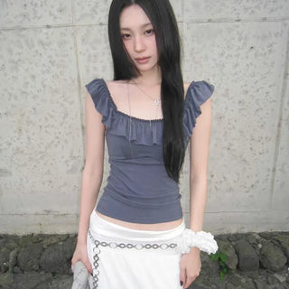 Slim Fit Plain Frill Shirred Strap Sleeveless