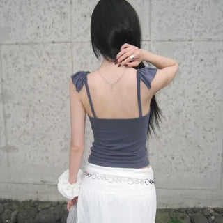 Slim Fit Plain Frill Shirred Strap Sleeveless