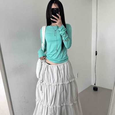 Frill Shirred Ribbon Tiered A-Line Long Skirt