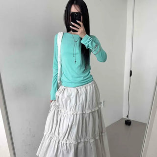 Frill Shirred Ribbon Tiered A-Line Long Skirt