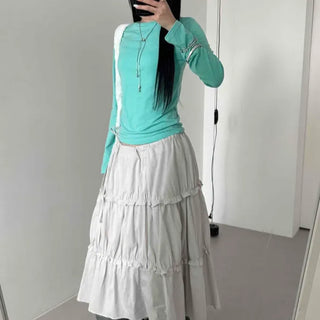 Frill Shirred Ribbon Tiered A-Line Long Skirt