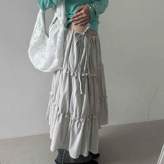 Frill Shirred Ribbon Tiered A-Line Long Skirt