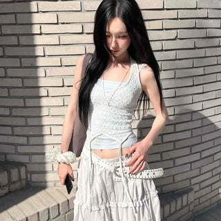 Layered Lace Drop String Halterneck Top